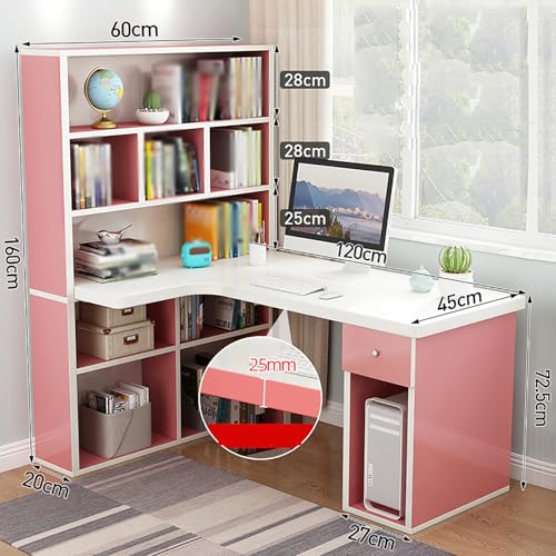 Computertisch aus Holz mit Schubladen und Regalen, platzsparender Schreib- und Gaming-Arbeitsplatz, stilvoller Bürotisch (119,4 x 61 x 160 cm) – perfekt für Zuhause und Büro, Rosa