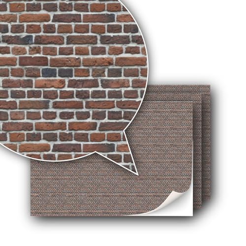 3 feuilles de film décoratif autocollant pour modélisme, échelle 1:87, échelle H0 (Royaume-Uni : échelle 3,5 mm) (briques rouges fumé)