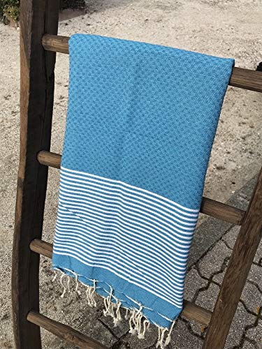 Fouta Tunisienne - Serviette de Plage - 100x200cm Nid d'abeille Rayures Fines Turquoise - 100% Coton