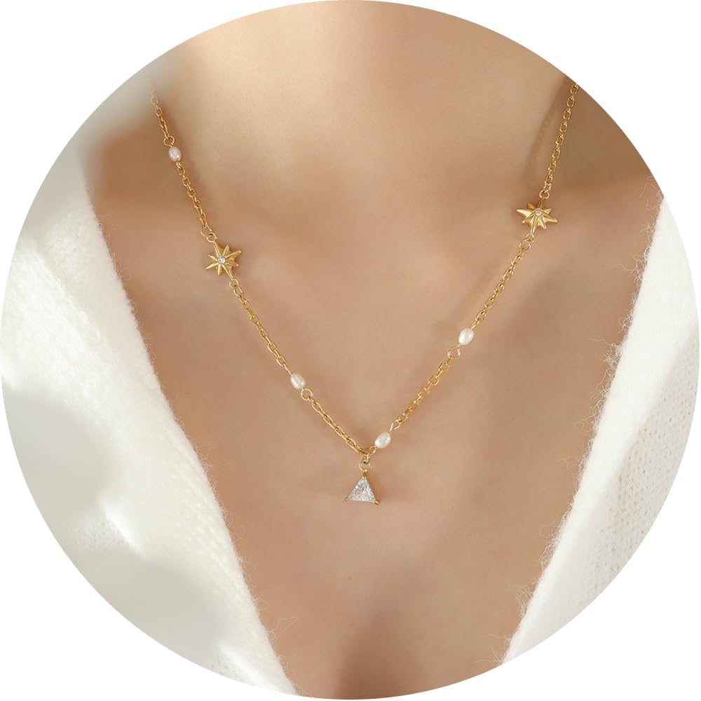 Geometric Star-Shaped Triangular Pendant Necklace Inlaid with Zircon and Pearl Spliced Chain Titanium Steel Plated with 18K Gold Korean Trend Personality Jewelry