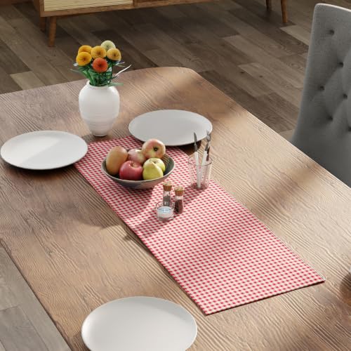 Image of Encasa XO Cotton Table Runner, 4 Seater Dining Table Decor Gingham Red