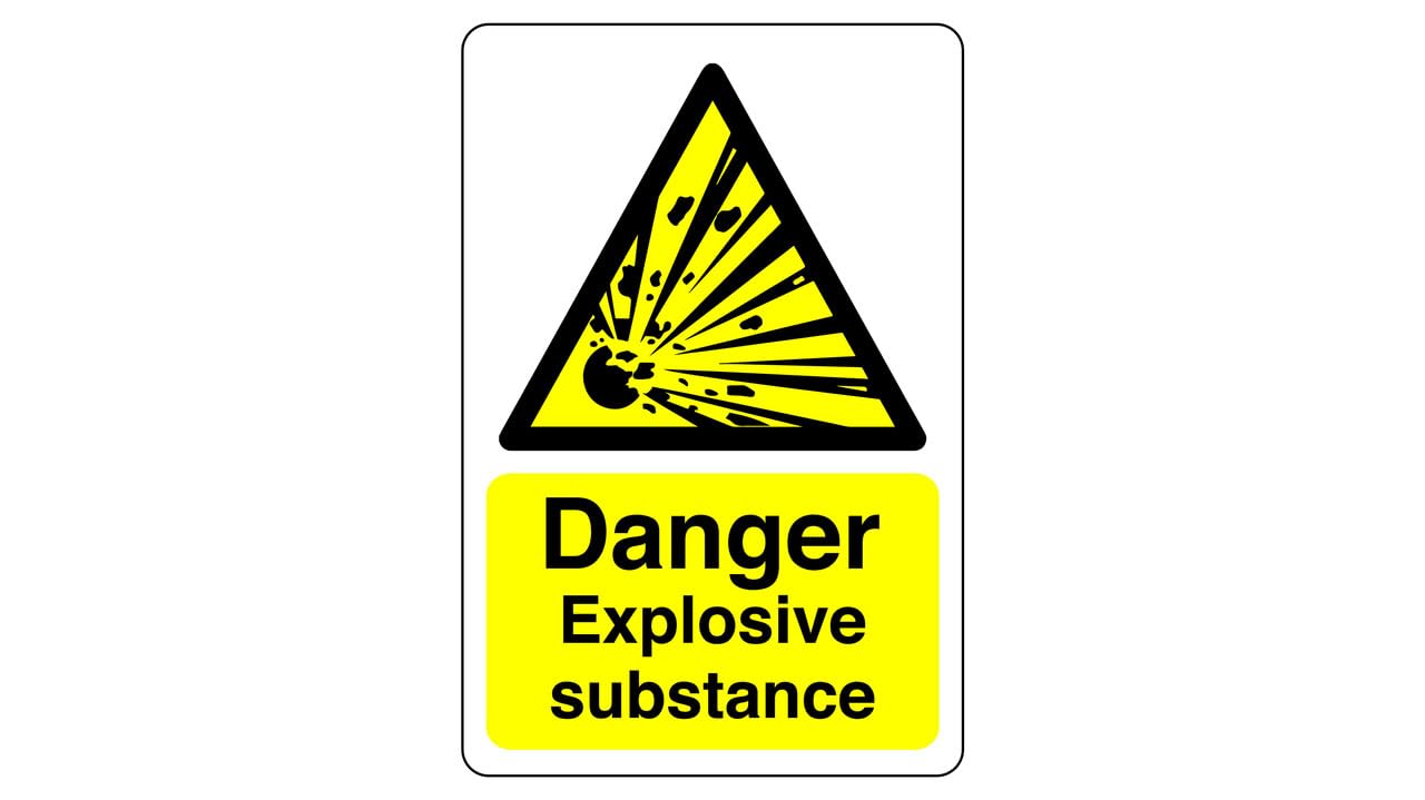 Safety First Display LTD Danger explosive substance sign - High tack self-adhesive sticker (200mm x 150mm) Viewing Distance within 5m.