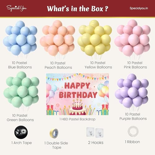 Image of Special You Rainbow Theme Birthday Decoration Kit for Baby Girls with Pastel Balloons for Decoration & Pastel Backdrop for Birthday Decor Items- 66 Pcs