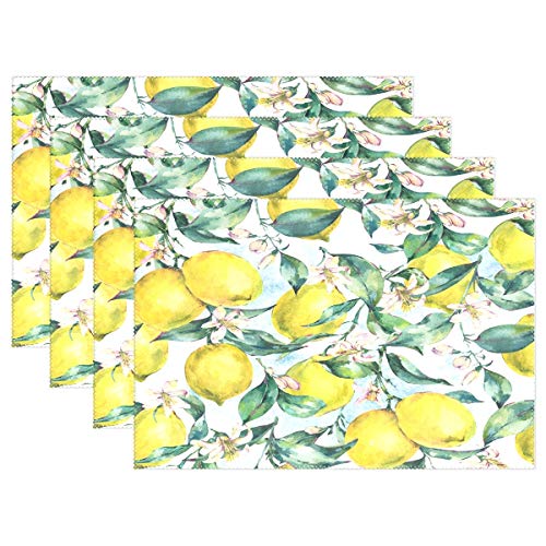 visesunny Branch of Fresh Yellow Lemon Green Leaf and Flower Placemat Set of 6 Table Mat Desktop Decoration Placemats Non Slip Stain Heat Resistant 12x18 in for Dining Home Kitchen Indoor
