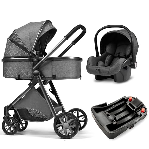 Image of Luxury Pram High Landscape Baby Stroller Folding Pushchair for 0-36 Months Kids (with Base Light Gray)