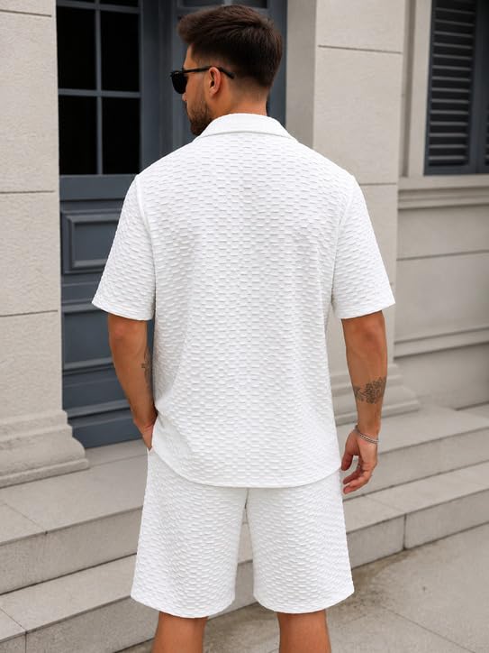 Image of Zilcon Men's Textured Co-Ord Set | Half Sleeve Cuban Collar Shirt & Shorts | Casual Summer Lounge Wear | Premium Matching Outfit