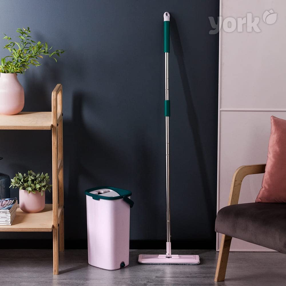 York Mopa Plana con Cubo y Mango, Microfibra, Rosa-Verde | Set de limpieza con cubo de 6 litros, mopa absorbente de microfibra y 2 recambios extra para suelos sin manchas de agua