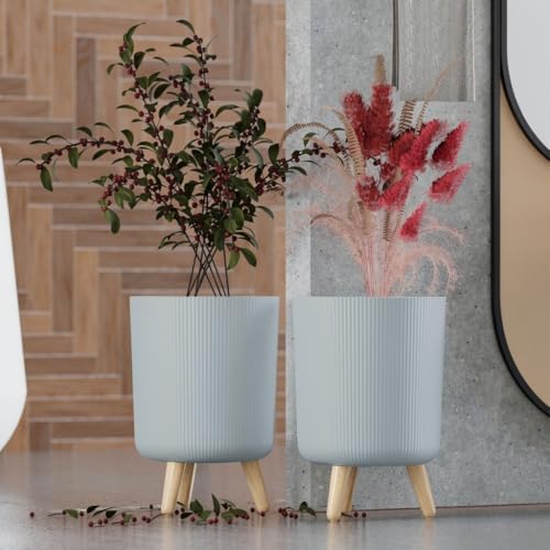 Image of StyleX Store Modern Flower Pot with Plastic Legs | Indoor Outdoor Planter for Home Garden Balcony Decor Ribbed Design Sturdy Plastic Mid-Century Style (Dusty Blue Pack of 2)