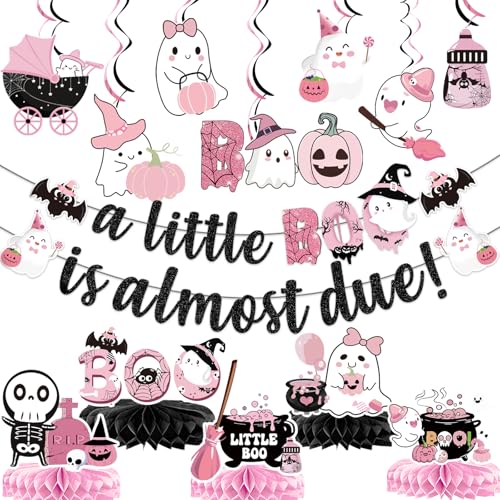 Yavxzvbw A little Boo Is Almost Due Banner Halloween Baby Shower Decorations Little Boo Baby Shower Decorations Girl for Halloween Pink Black Girl Halloween Party Decorations