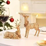 AOMOONOA Gold Reindeer Christmas Decoration, 2Pcs Small Christmas Reindeer Figurines Indoor, Tabletop Deer Statue Christmas Decor, Resin Deer Figurine Decorations for Home