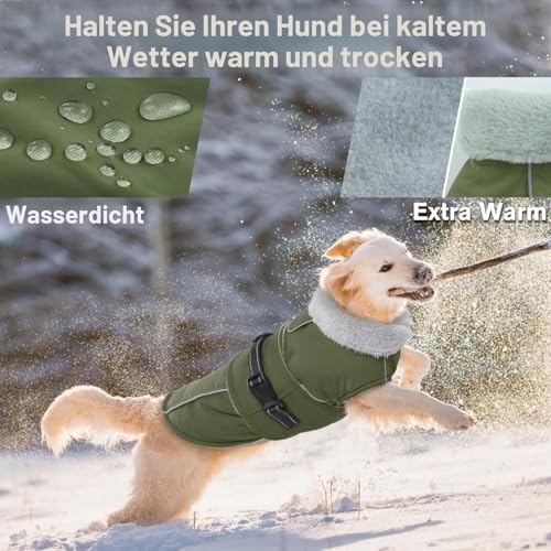 Lelepet Hundejacke Winter Warmer Hundemantel, Wasserdichter Wintermantel Fleece Hundeweste für Mittelgroße Hunde, Winddichte Hundebekleidung Outdoor Haustier Kostüm (Armeegrün, M)