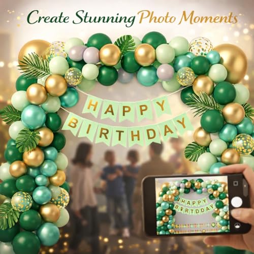 Image of Rozi Decoration Green and Gold Balloon Arch Birthday Decoration Kit with Happy Birthday Paper Banner | Jungle Theme Party Decoration Set for Home, Kids and Adult Celebrations Pack of 56 Pcs