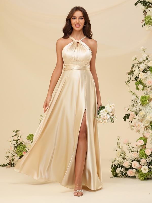 MYDRESS Satin Convertible Bridesmaid Dress Long A Line Twist Wrap Formal Gown - Image 5