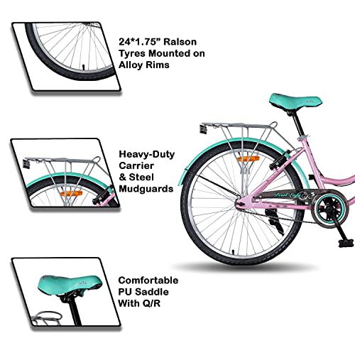 Image of Vaux Pearl Lady Cycles for Womens| Specially Designed for Only Ladies and Young Girls| It is Vibrant and Elegant Bicycle That Will Undoubtedly Provide Calm and Comfort While Riding (16T, Green-Pink)