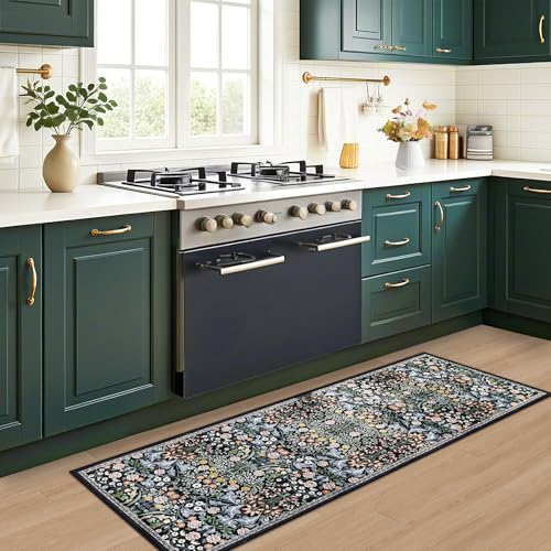 Runner Rug for Entryway: 2x6 Kitchen Rugs Non Slip Washable Ultra-Thin Soft Floral Carpet Indoor Stain Resistant Carpets for Hallway Bedroom Kitchen Laundry Bathroom Dorm Dark Black