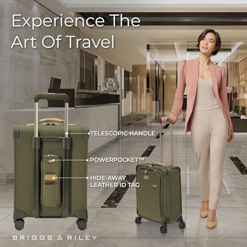 Image of Briggs & Riley 21 inch Global Carry On Expandable Spinner - Luggage for International Travel, Suitcases with Wheels, Softside Rolling Bag for Men & Women, Self-Repairing Zipper- Baseline Collection, Olive