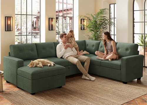 Image of HONBAY 106.2 Inch U-Shaped Sectional Sleeper Sofa with Pull-Out Bed & Storage Ottoman, 7-Seater Sectional Sofa for Living Room, Pet-Resistant Corduroy Couch, Green