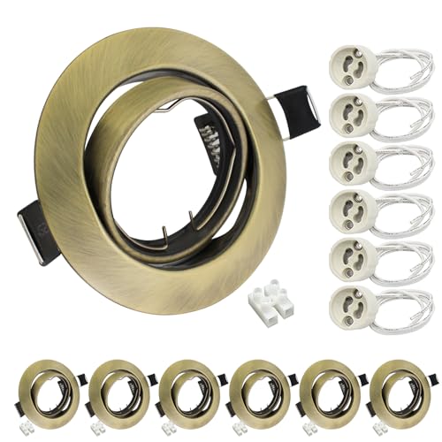 Wondlumi 6X GU10 Downlights for Ceilings 360° Tilt Swivel Recessed Ceiling Lights Metal Frame Round Antique Brass Spotlights Fitting, Outer Diameter: 90mm, Cut-Out Hole: 68-85mm, No Bulbs