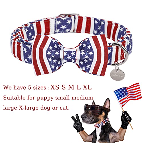 Image of Dog Collar with Bow Tie, 4th of July Comfortable Cotton Dog Collar, American Flag Collar for Puppy Girl Boy Dog or Cat, Patriotic Bowtie Collar with Metal Buckle, XS