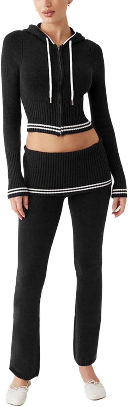Pantaloni da donna con cappuccio elasticizzati a maniche lunghe con zip e pantaloni da salotto - Moda casual Y2k Slim Crop Top a vita alta Pantaloni skinny Abiti maglione, Nero , M