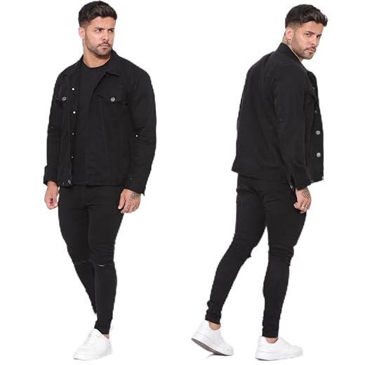 Jaqueta Jeans Masculina Preta Casual com Bolsos e Fechamento em Botão