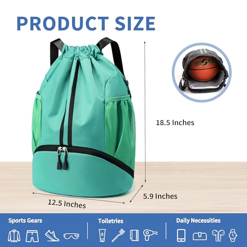 Image of JELUTAR Drawstring Backpack Gym Bag with Shoes Pocket, Mint Green
