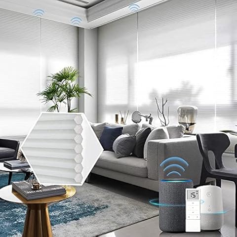 Graywind Motorized Light Filtering Cellular Shades Compatible with Alexa Cordless Remote Half Shading Single Cell Smart Shade with Valance, Customized Size (Dimout White) Cover