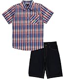 U.S. Polo Assn. Boys' 2 Piece Sleeve Plaid Woven Shirt and Denim Short