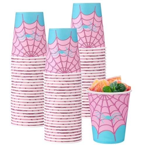 Honoson 50 Pieces Pink Spider Party Decorations Pink Spider Cups Birthday Party Supplies Paper Disposable Cups 9 oz for Baby Shower