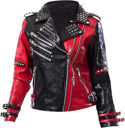 Chaqueta de disfraz de Harley Halloween Cosplay Payaso Propiedad Quien Siucide Squad, Cuero tachonado rojo y negro, XXL Cover