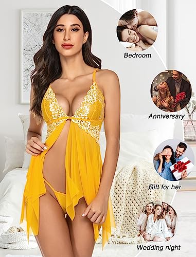 Avidlove Women Lingerie Lace Babydoll Chemise Halter Sleepwear Nighgtwear Yellow