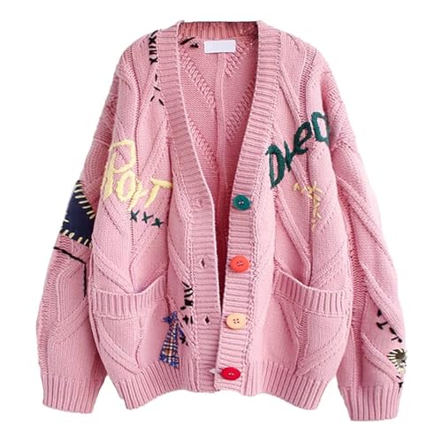 Image of Women's Cable Knit Open Front Cardigan V-Neck Button Down Embroidery Wool Blend Sweater Coat