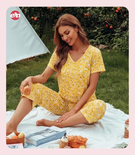 Image of ENJOYNIGHT Womens Pajama Sets Cotton Pj Set Short Sleeve Top With Capri Pants Sleepwear 2 Piece Lounge Set