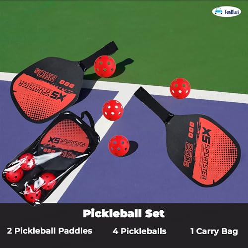 Image of FunBlast Pickle Ball Racket Set - 2 Premium Wood Rackets with 4 Balls & Portable Carry Bag, Ideal for Kids, Men & Women - Durable & Lightweight, Outdoor Activities (Red)