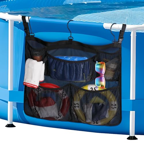 YIZHIXIANGQ Borsa Portaoggetti per Piscina, Cestino Portaoggetti per Piscina con Ganci e 5 Tasche, Nero, Accessori per Piscina Fuori Terra per Bagno e Piscina