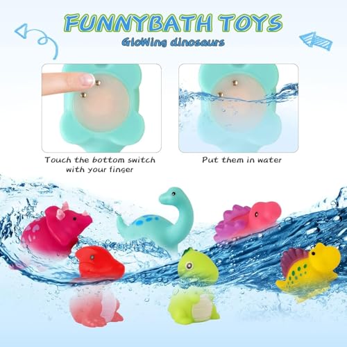 Image of Happy Hues Light up Dino Bath Toys for Babies &Toddlers- Mold-Free Wall Mount Waterfall Bath Toys (Light up-6pcs)