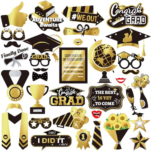 2025 Graduation Photo Booth Props 36PCS Black Gold Graduation Photo Props Class of 2025 Grad Decor with Sticks Glitter Class 2025 Graduate Celebrations Family Graduating Party Supplies