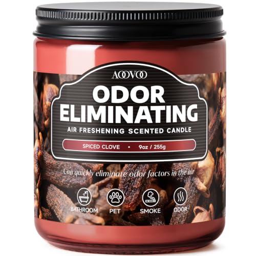Image of AOOVOO Spiced Clove Odor Eliminating Highly Fragranced Candle - Eliminates 95% of Pet, Smoke, Food, and Other Smells Quickly, Non Toxic Air Freshing Soy Candle, 9 oz Up to 50 Hours Burn time