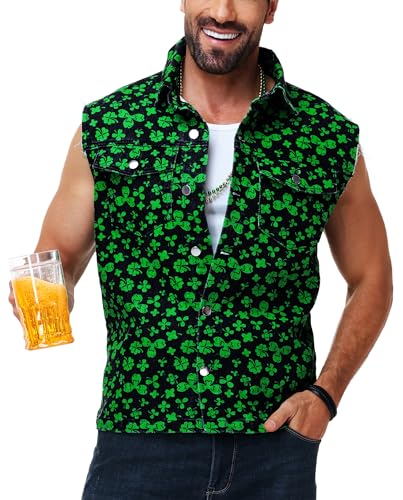 Image of AOBUTE Mens 4th of July Denim Vest American Flag Print Sleeveless Jean Jacket
