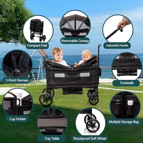 Double Wagon Stroller for Kids&Toddler,Push Pull Lightweight Foldable Travel Umbrella Twins Stroller with 5-Point Harness,Adjustable Handle Bar and Canopy,Foot Wells,Tray Table,Cup Holde