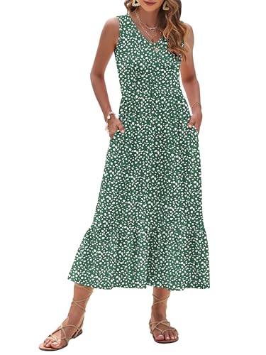 Image of AUSELILY Womens Summer Maxi Dress Casual Sleeveless V Neck Floral Dresses | A line shape with practical side pockets, Vacation dress for resort walks, Pair with low heels and simple jewelry