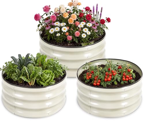 Image of 3 PCS Round Raised Garden Bed 2x2x1 ft, Metal Outdoor Planter Box Kit with Safety Rubber Edge, Easy Assemble Bottomless Small Planting Container for Vegetable, Flower, Fruit, White