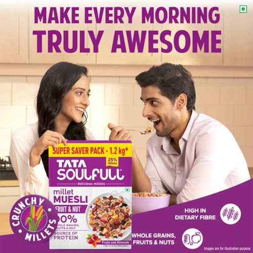 Image of Tata Soulfull Millet Muesli, Fruit & Nut, 1.2 kg, With 20% Crunchy Millets, 90% Whole Grains, Source of Protein, High in Fibre, Contains Ragi, Jowar & Bajra (Pack of 2)