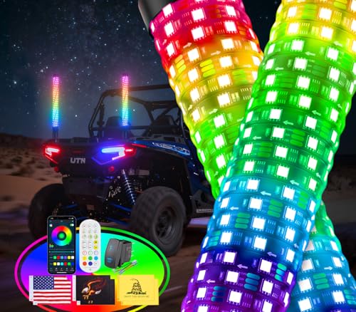 Ehaho 2PCS 1FT Fat Whip Lights for UTV ATV Led Fatty Whip Light W/Rocker Switch & 6 Flags Brighter Spiral Chasing Lighted Antenna Whip with APP & Remote Control for RZR SXS