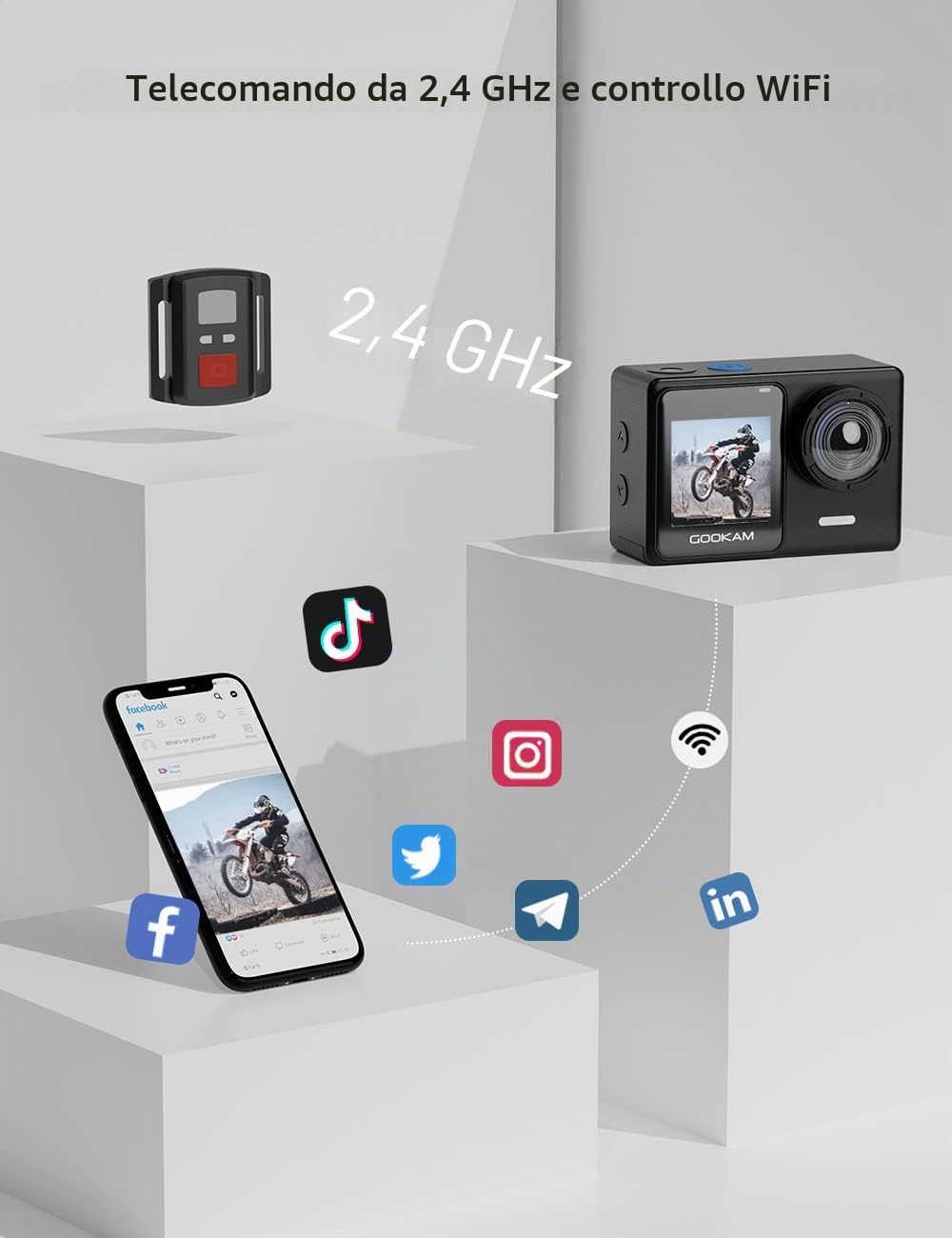 Action Cam WiFi 4K/60fps 24 MP Sports Camera con Touch Screen EIS Anti-Shake Fotocamera subacquea Impermeabile 40M, Microfono esterno 2x1350mAh Batterie