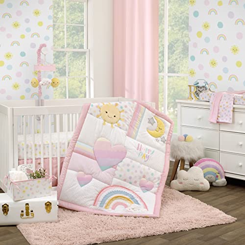 Image of NoJo Happy Days Pink, White, and Yellow Rainbows and Sunshine 4 Piece Nursery Crib Bedding Set - Comforter, 100% Cotton Fitted Crib Sheet, Crib Skirt and Reversible Storage