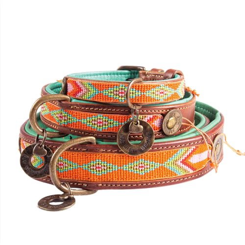 Dog with a Mission - Hundehalsband S | Farbenfroh Orange, Türkis | Perlen | Boho, Ethno, Ibiza, Hippie | Mittelgroße Hunde | Handgemacht | Modisch und Bunt | Aus weichem Echtes Leder | 2,5 cm Breit