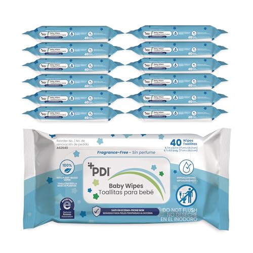 Image of PDI Baby Wipes, Hypoallergenic, Eczema Safe, Fragrance Free, Plant-Based Wipes, 12 Packs of 40 Wipes Each (480 Total)