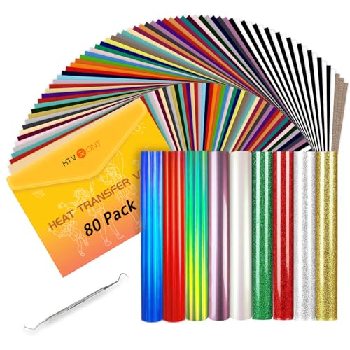 HTVRONT HTV Heat Transfer Vinyl Bundle: 80 Pack 12" x 10" Iron on Vinyl for T-Shirt, 39 Assorted Colors with Vinyl Accessories Tweezers for Silhouette Cameo or Heat Press Machine