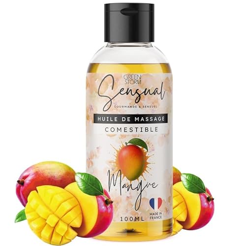 Huile de Massage Comestible Érotique Mangue - Huile Massage Sensuel pour Couple - Huile Corps Relaxante Naturelle - Fabriqué en France - 100ml- Green storm